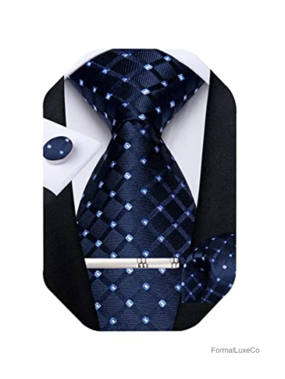 Silk Necktie Set with Pocket Square Cufflinks Tie Clip Gift Box Wedding